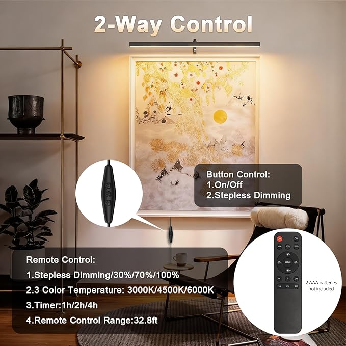 24" Plug in Picture Light for Paintings with Remote Control, 9W LED Art Display Lighting for Gallery, Dartboard, Artwork, Black Wall Mounted Picture Frame Light