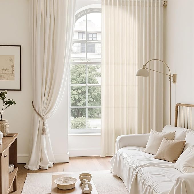 Nanspring Natural Linen Curtains 96 Inches Long for Living Room Bedroom Rustic Light Filtering Curtains Back Tab and Rod Pocket Farmhouse Decor Curtain for Dinner Room Office 52x96, 2 Panels