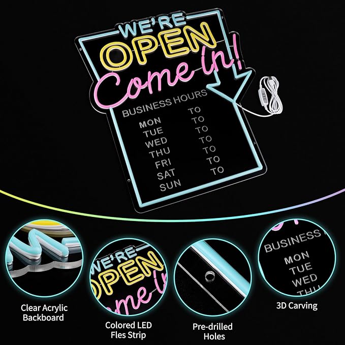 MissAudrey Open Neon Sign for Business with Cycle Timer,We're Open Come In Business Hours Neon Sign with Dimmable for Store front Window Shop Store Bar Salon Cafes Pubs Hotel Wall Decor