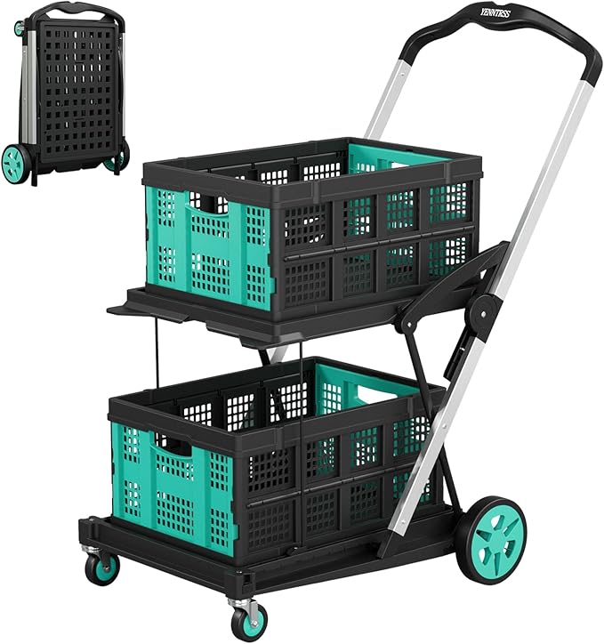 Collapsible Shopping Cart with 2 Storage Crates, Multi Use 2-Tier Grocery Carts on Wheels, 350 LBS Capacity Portable Foldable Shopping Cart for Groceries, Blue
