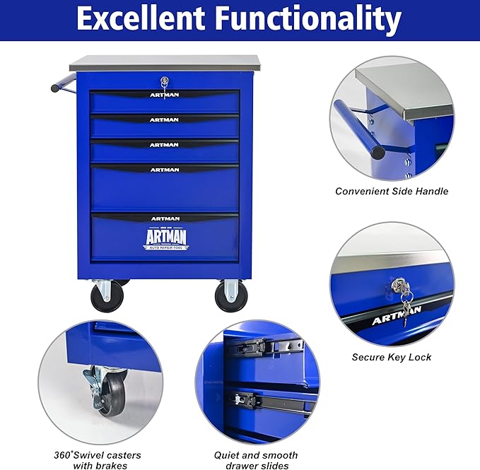 5 Drawers Tool Cart on Wheels with Stainless Steel Worktop, Heavy Duty Mobile Rolling Drawer Tool Chest with Locking Wheels & Lockable Drawers, Garage Tool Storage Cabinet (Blue, 5 Drawers)