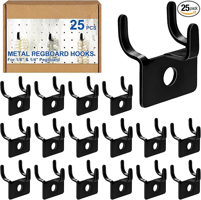 Tandefio 25 Pcs Pegboard Hooks Metal Prong Hook Peg Board for Hanging Hangers for Wall Picture Jewelry Display Tool (Black)