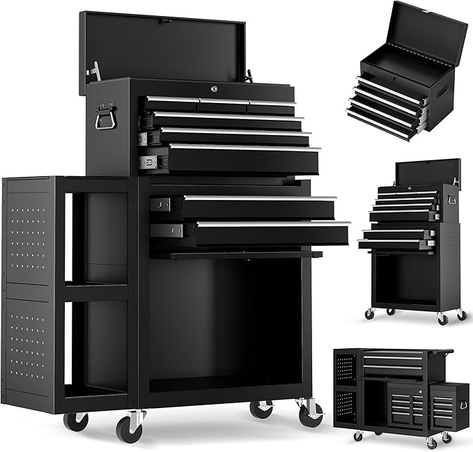 SILVEL 8-Drawers Rolling Tool Chest, Assembled Tool Box with Auto Locking System & Lockable Wheels & Sliding Drawers & Detachable Top, Tool Storage Cabinet for Garage Workshop