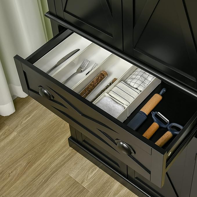 HOMCOM 72" Kitchen Pantry Storage Cabinet, Traditional Freestanding Pantry Cabinet with 4 Doors and 2 Adjustable Shelves, Large Central Drawer, X-Frame, Black