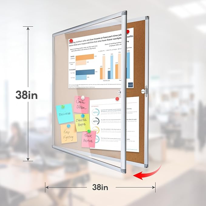 Enclosed Cork Bulletin Board Tamper-Proof Dispaly Case, Aluminium Frame, All-Weather Cork Noticeboard, Outdoor Enclosed Cork Board for School, Office, Restaurant, Hospital (38 X 38 Inches)