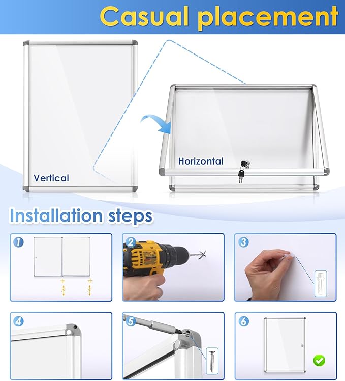 SWANCROWN Enclosed Bulletin Board Magnetic Dry Erase Noticeboard Lockable Display Boards White with Aluminium Frame 26x20inch(4xA4)