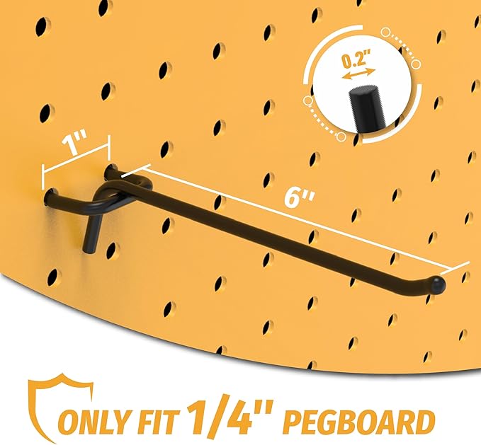 HUHOLE Black Pegboard Hooks 6 Inch, 25PC, Heavy Duty Pegboard Hooks, Fit 1/4" Peg Board