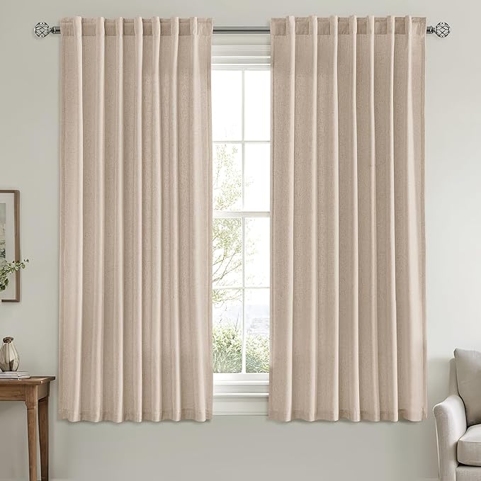 MIULEE Non-See-Through Privacy Linen Curtains 2 Panels, Light Filtering Window Curtains Farnhouse Textured Back Tab Semi Sheer Drapes for Bedroom Living Room, 52 x 63 Inches Long, Beige