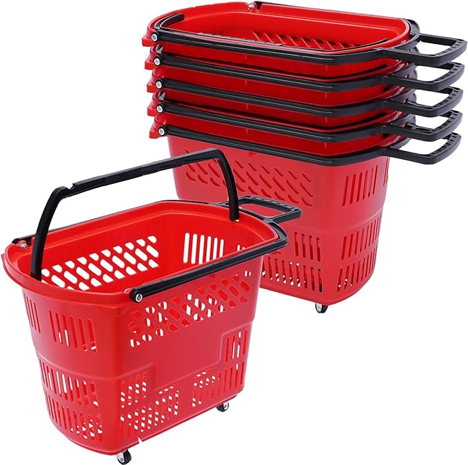 6PCS Plastic Shopping Basket with Handles & Wheels, 35L Rolling Shopping Carts, Grocery Basket with 4 Wheels and Handle, Portable Shopping Basket for Retail Stores, Supermarkets (6PCS - Red)