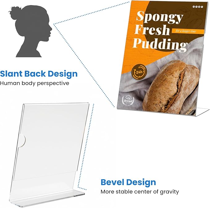 6 Pack Acrylic Sign Holder 8.5 x 11, L-Shape Clear Plastic Display Stand for Tabletop, Acrylic Stands for Flyers, Table Paper Holder, Vertical Sign Holder 8.5x11 for Restaurants, Office and School (Slant 6 Pack 8.5x11)