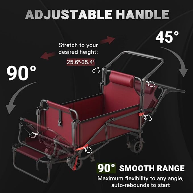 LEVELEVE Heavy Duty Folding Wagon - 2-in-1 Collapsible Cart, 400lb Capacity, All-Terrain Wheels w/Brakes & Side Pockets (Red)