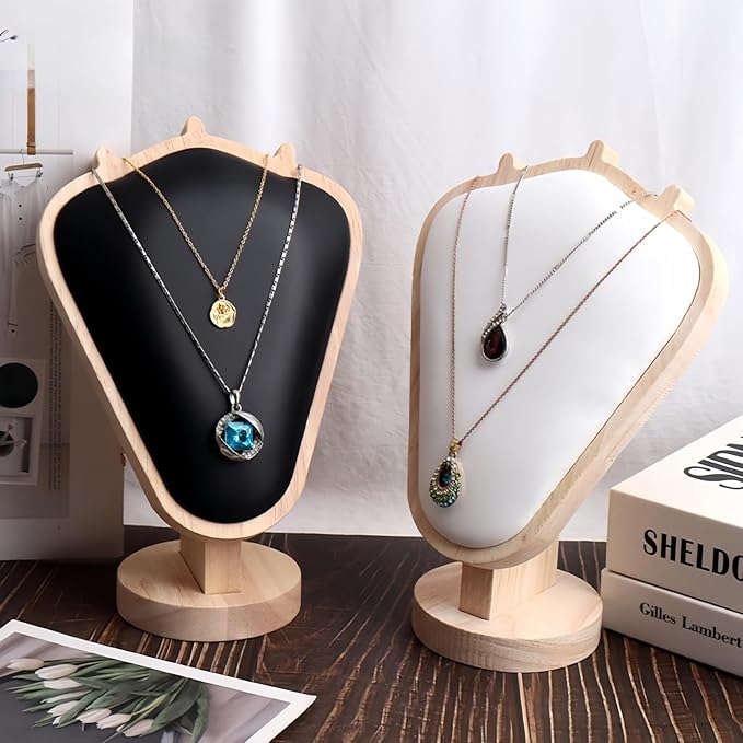 Natural Body Wood Necklace Display Stand with Black Leather Soft Mat Necklace Holder Organizer Desktop Stand for Home Store Dresser-3.3"x5.8"x8.4"