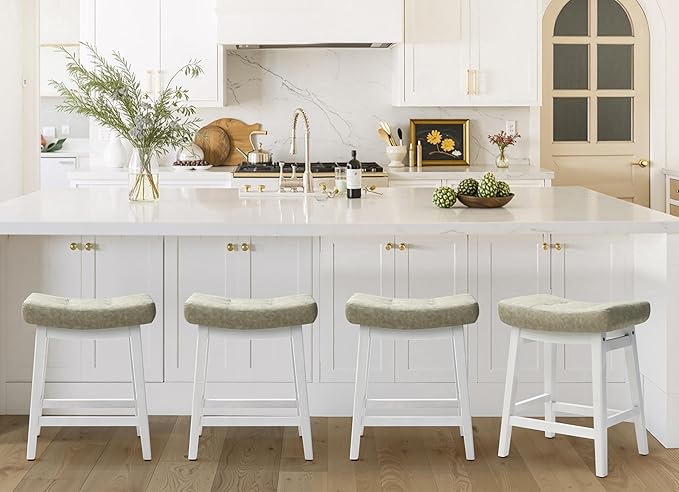 Counter Height Bar Stools Set of 6 for Kitchen Counter Farmhouse Modern Barstools with Faux Leather Upholstered Backless Seat and Solid Wood Legs 24 inch Bar Chairs, Light Grey + White