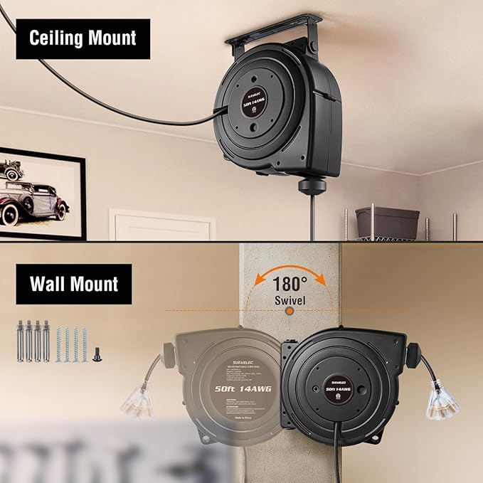 SURAIELEC 50FT Retractable Extension Cord Reel, 14AWG/3C SJTOW Heavy Duty Power Cord with Lighted Triple Tap, 13A Circuit Breaker, Ceiling/Wall Mount for Garage, Shop, Workshop, ETL Listed, Black