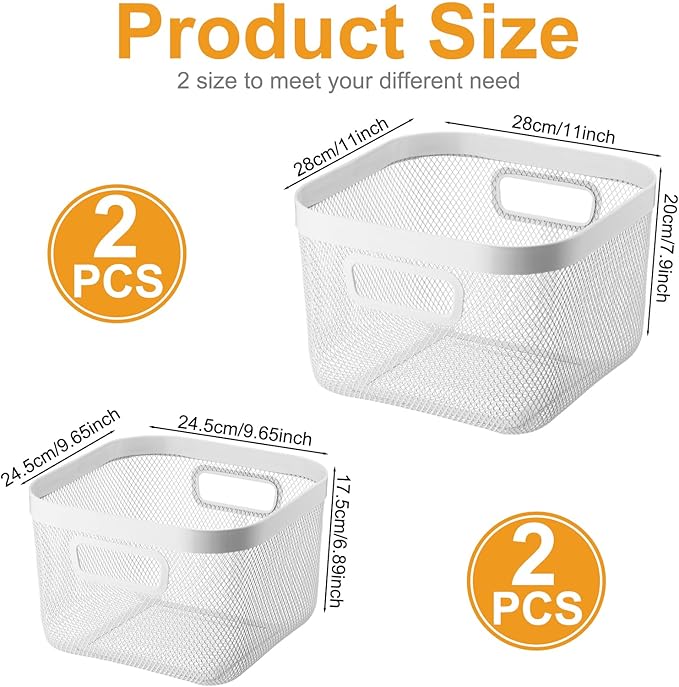 4 Pack Metal Mesh Basket with Hollow Handles White Wire Storage Bin for Organizing Stackable Metal Fine Mesh Basket for Pantry Bathroom Kitchen Cabinets Shelves (Medium and Large)