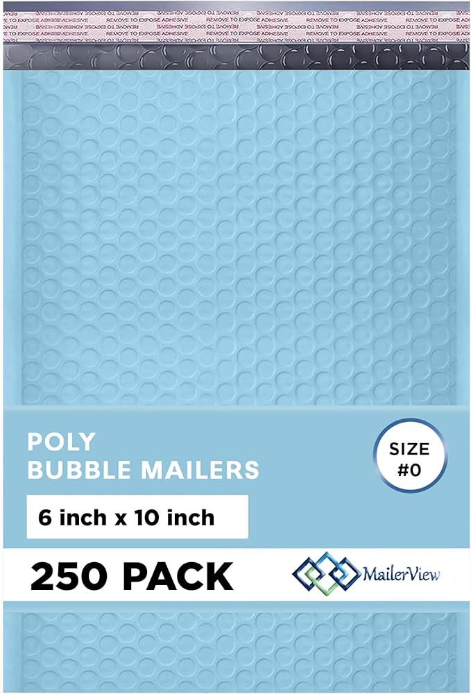 Light Blue Small Poly Bubble Mailers 6x10 inch #0 | Self Seal Padded Envelopes | Cushioned Bubble Mailer | Usable Size 6x9 | WaterProof | Lightweight mailing Shipping Bags | 250 Pack Bulk