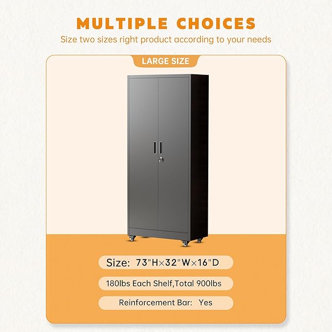 Greenvelly 73" Storage Cabinet with Wheels,Metal Rolling Garage Cabinet with Locking Doors and 4 Adjustable Shelves for Home,Kitchen,Office,Warehouse(32" W x 16" D)