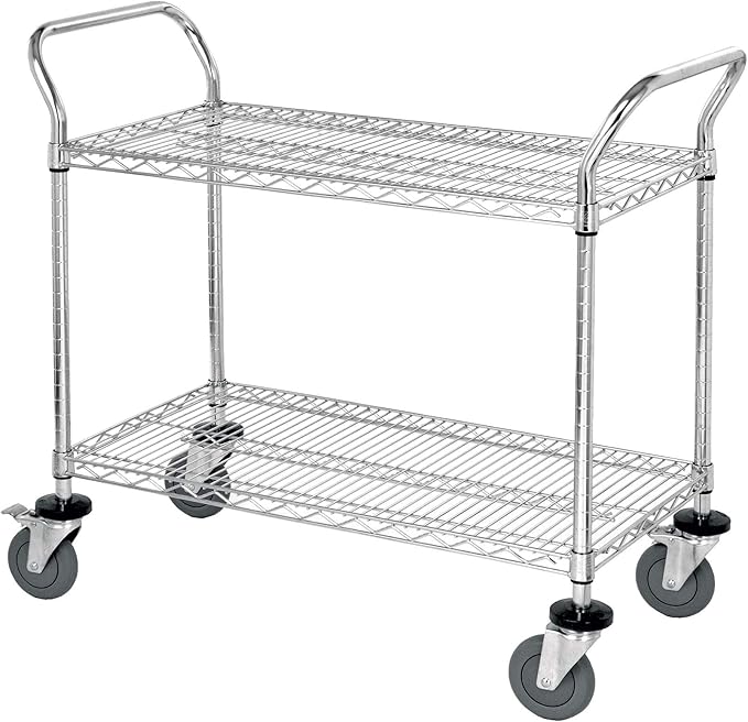Omega 2 Tier Heavy Duty Rolling Utility Carts with Wheels and Handle Bar, NSF Certified 1200LBS, Commercial Serving Storage Cart for Warehouse Garage Kitchen, 21" Deep x 30" Wide x 39" High, Silver