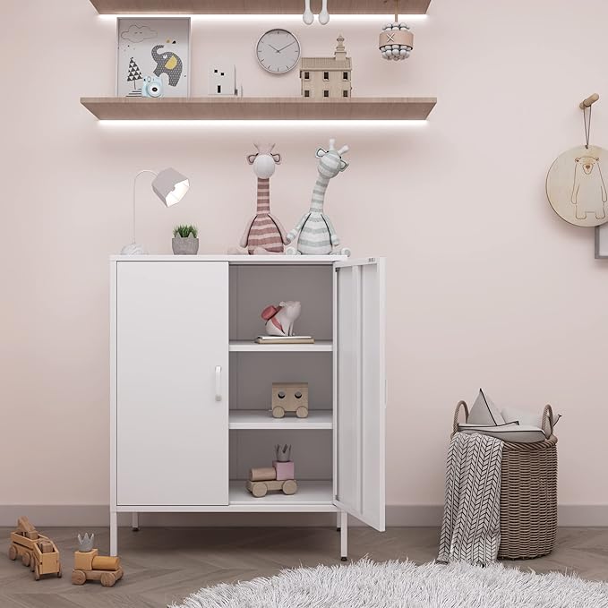 Metal Storage Cabinet with Doors and Shelves,Multipurpose Storage Rack, 3-Tier Shelf,Metal Locker Style Accent Cabinet for Home Office,Living Room,Kitchen(White, 40''H)