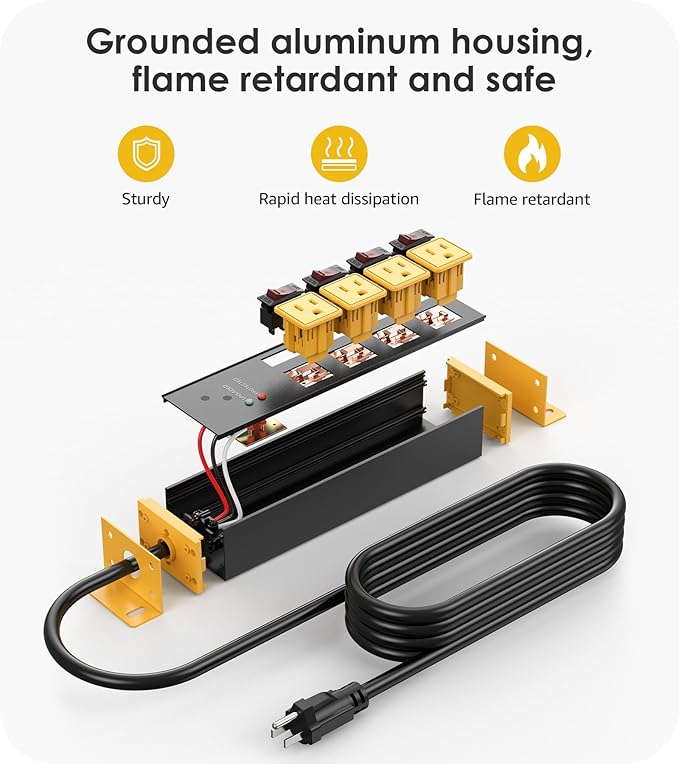 CCCEI CCCEI 2PCS Heavy Duty Power Strip Surge Protector 20 AMP Individual Switches. 15FT 12 Gauge Extension Cord with Multiple Outlets. Garage, Shop, Industrial Wall Mount Electric Extender, Yellow.
