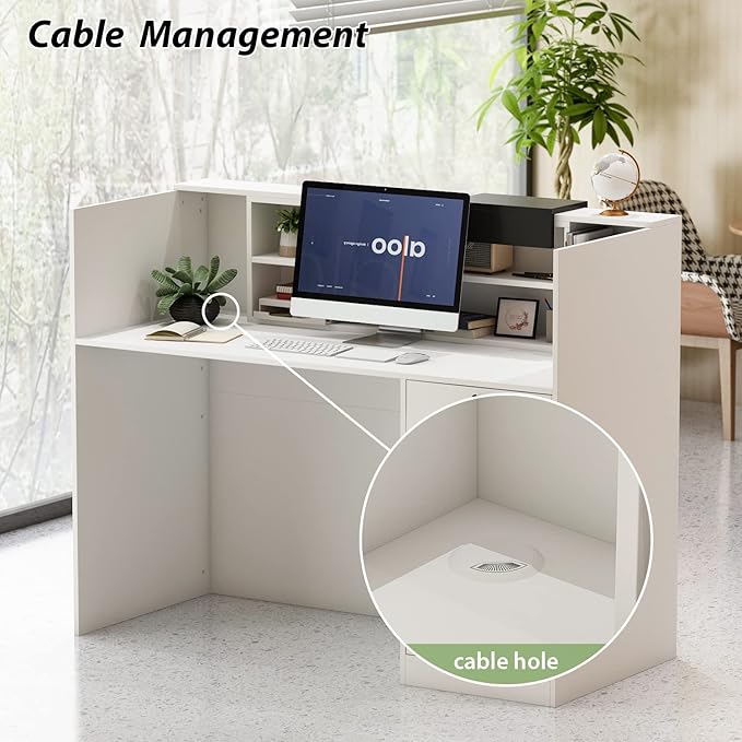 AIEGLE Reception Counter Desk with Adjustable Shelf & Lockable Drawersfor Salon Reception Room Checkout Office, White (55.1" L x 23.6" W x 43.3" H)