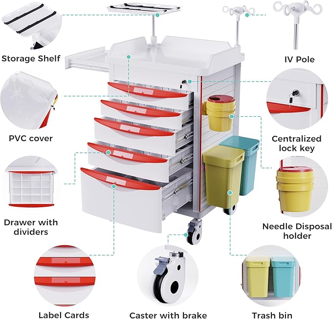 Medical Storage Crash Cart with Wheels - IV Pole, Silent Casters, Drawers with Dividers, Needle Disposal Holder, Trash Bin, O2 Holder, Emergency Mobile Cart for Clinic, Hospital, Nursing Center