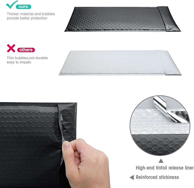 GSSSUSA Bubble Mailers 6x10 Inch 25 Pack Padded Envelopes Usable Size 6x9 Inch Shipping Envelopes Self Seal Small Packaging Shipping Bags for Mailing Jewelry, Small Business, Black