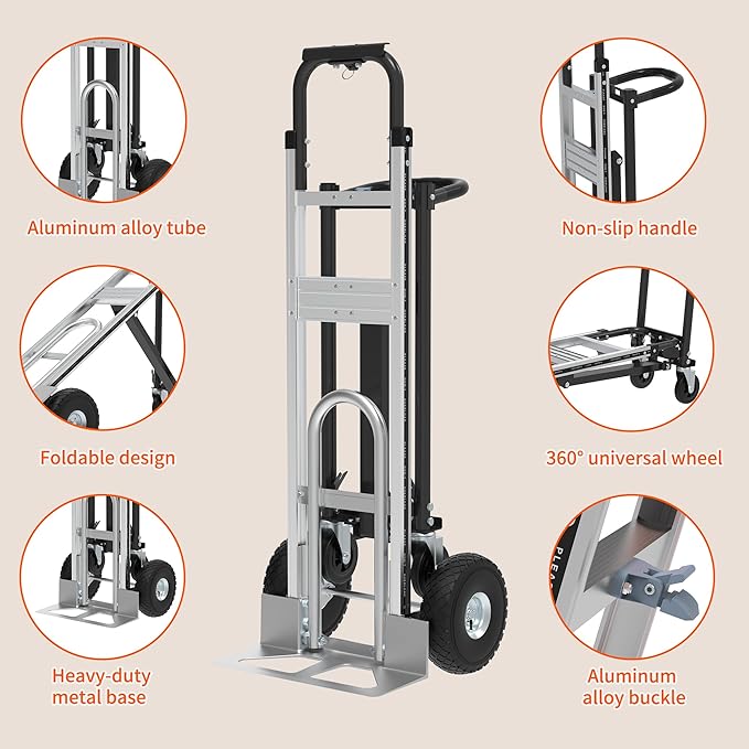 Aluminum Convertible Hand Truck, 800lbs 3 in 1 Folding Dolly Cart Lightweight Frame,Heavy Duty Industrial Platform Cart Handtruck for Construction, Logistics, Shopping, Home, Office Moving (Black)
