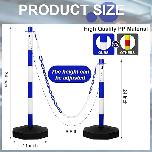 Amylove 9 Packs Traffic Delineator Post Cone with Base, Traffic Cones Safety Cones Caution Cones Plastic Stanchion Chain Safety Barriers with 6.6 Feet Link Chain and S Hooks for Parking Lot (Blue)