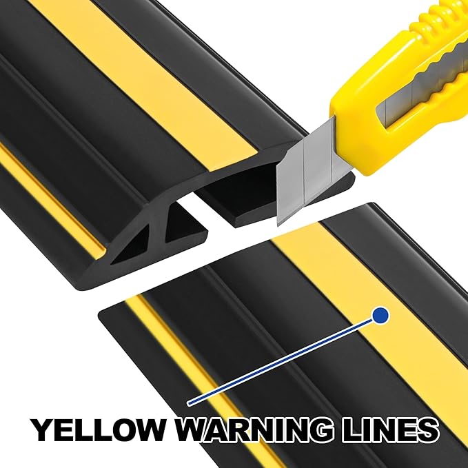 10Ft Cord Covers for Wires on Floor, 3-Channel Heavy Duty Floor Cord Cover with Anti-Slip Base & Yellow Warning Strips, Extension Cord Covers for Floor, Ideal for Home, Office, Outdoor Use