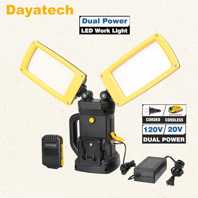 12000LM 85W Corded and Cordless LED Work Light with Tripod, Dual-Head Adjustable Jobsite Light, Compatible with DEWALT MILWAUKEE MAKITA 18-21V Battery, Flicker-Free for Auto Repair Electrical