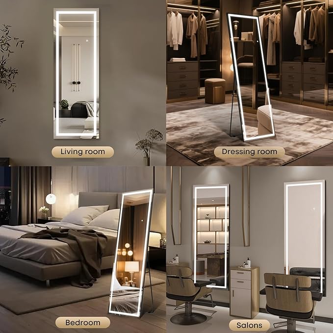Kosmonia 59x16 Frameless Full Length Mirror, Dimmable 3 Color LED Light w/Memory Function, Distortion Free, HD Reflection & Anti Desilvering, Tempered Glass & Shatter Proof Film Doubling Safety