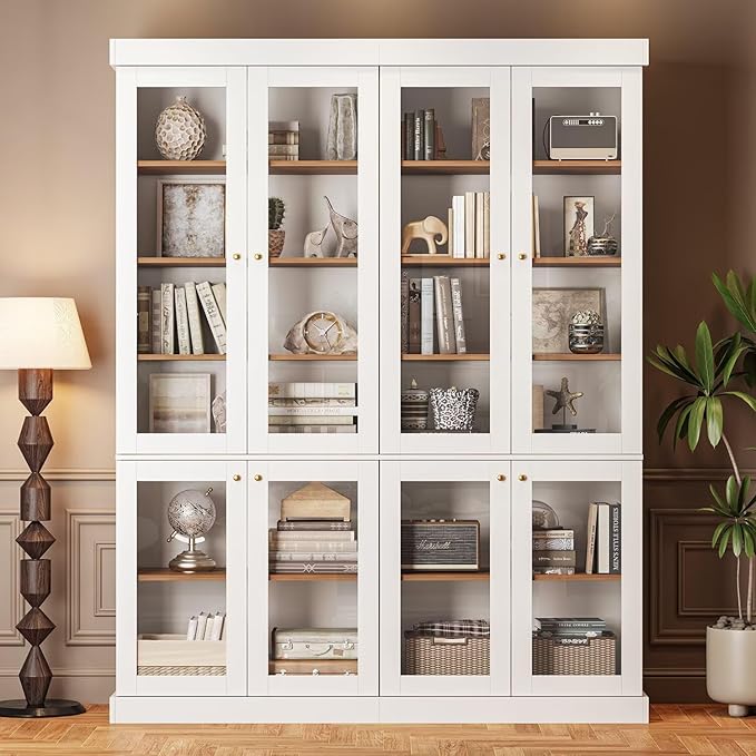Vyre 70.8" Tall White Bookshelf with Glass Doors, Farmhouse Modular Bookcase with 6-Tier Adjustable Shelves, Large Storage Cabinet for Home Office, Living Room, Set of 2
