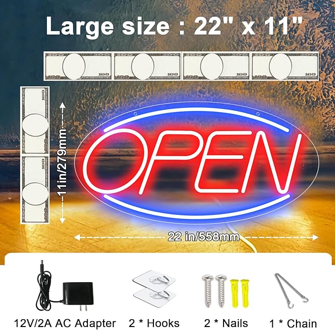 22" X 11" Led Neon Open Signs for Business, Large Open Signs, Plug In Electric Light Up with ON/OFF Switch, Ultra Bright Open Sign for Bar Salon Coffee Stores Club Hotel (Oval)