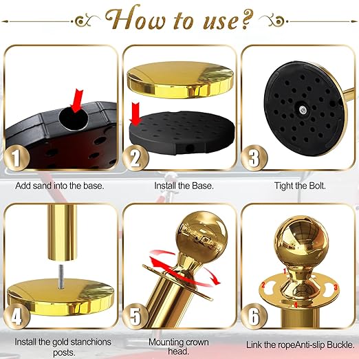 4PCS Gold Stanchions Posts with 3PCS 5 ft Red Velvet Rope, Red Velvet Rope Stanchion Set Crowd Control Barriers, Stanchions and Velvet Ropes Red Carpet Poles for Party Supplies
