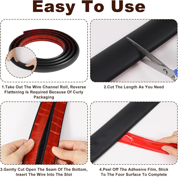 16.4 FT Floor Cord Cover, Self Adhesive Cord Hider, Hide Electric Wire on Carpet, Power Cable Protector, Cord-Runner Protective 0.47" (W) x 0.29" (H), Black