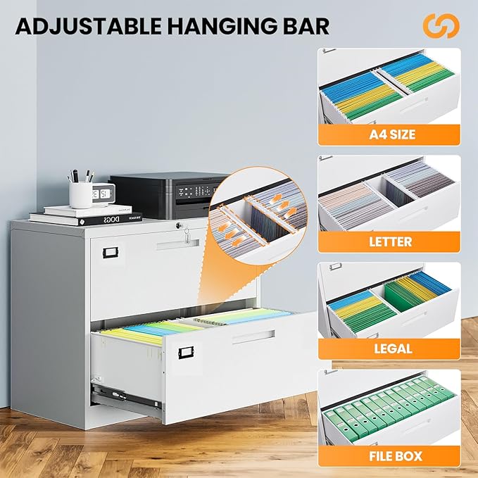2 Drawer File Cabinets for Home Office, Metal Filing Cabinet with Lock, White Locking File Caninet Two Drawer, Office Storage Caninets Steel Cabnet for Letter/Legal/A4/F4-Assembly Required