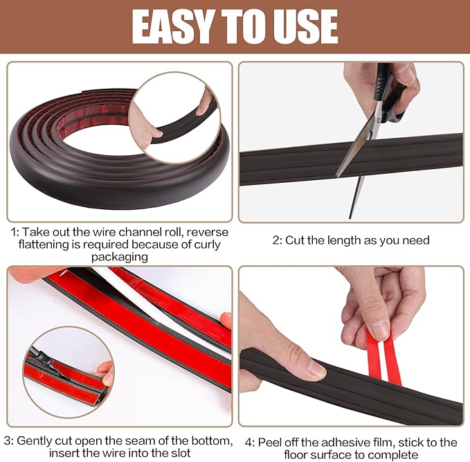 Floor Cord Cover Self Adhesive Cord Hider,20FT Cable Management, Extension Strip Protector for Wires, Prevent Cable Trips for Offices, Gyms, Exhibitions Cavity:0.39"(W) x 0.27"(H) Black Wood