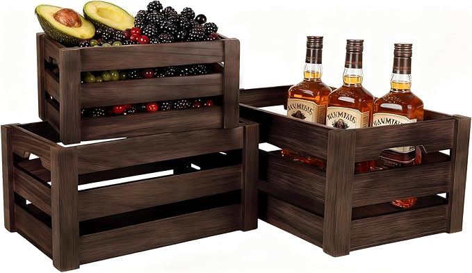 Set of 3 Rustic Wooden Nesting Crates – Farmhouse Decorative Storage Boxes for Shelves, Countertops & Tabletop Display (L/M/S)