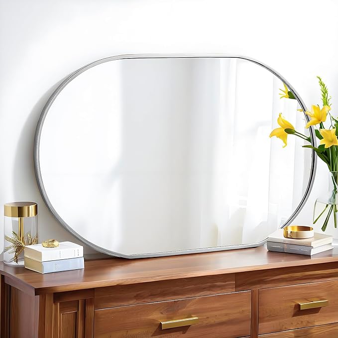 36x24 Mirror Runway Oval Wall Mounted Aluminum Alloy Metal Frame Rectangle Mirrors for Entryway Bedroom Bathroom Living Room 36 24 inch Silver