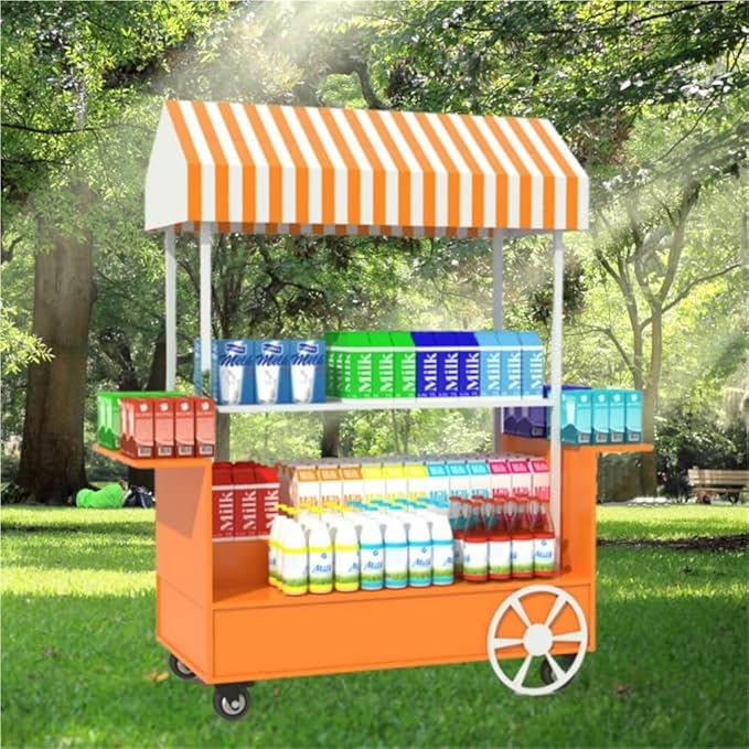 Portable Food Cart with Canopy, Mobile Vendor Display Stand with Lockable Wheels, Outdoor Food Stall Trolley, Foldable Commercial Display Cart for Market, Street Food & Events(Yellow)