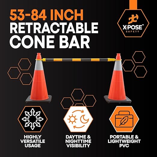 Retractable Barrier for Safety Traffic Cones - 2" OD - Large Yellow and Black Bar Barricade - for Road Construction, Parking, Warning, Temporary Security Divider (720, Yellow & Black, 53" x 84")