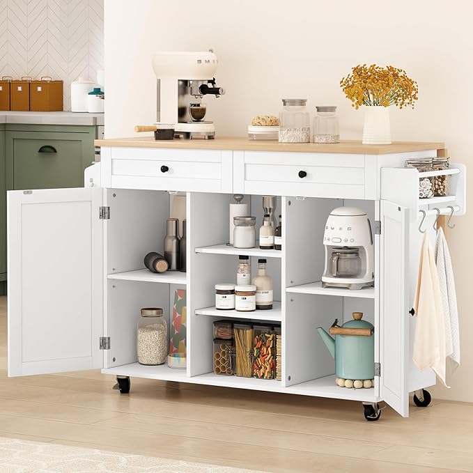 HLR Kitchen Island On Wheels, Rolling Kitchen Island Cart with Drop Leaf Countertop, Barn Door Kitchen Islands Table with Storage Cabinet and Tower Rack, Island Table for Kitchen