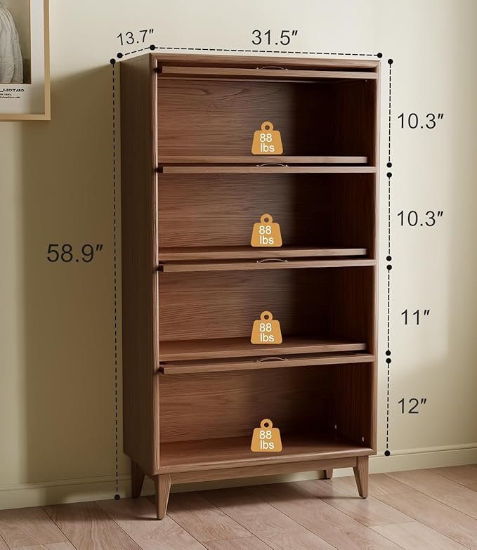 Solid Wood Bookcase 4 Tier Bookshelves with Tempered Glass Flip-Up Doors 60Hx12.5Dx32W" Brown Finish Cube Storage Organizer, Bookshelf Versatile Pantry Cabinet with Storage for Kitchen Home Office