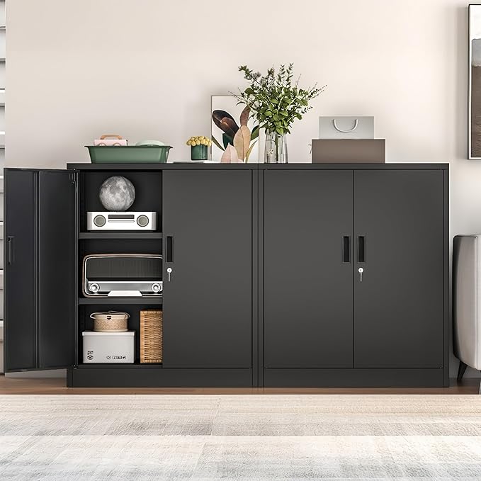 Metal Storage Cabinet, 36" H Locking Storage Cabinet with 2 Adjustable Shelves, Metal Cabinets for Garage, Home, Office, Utility Room-Black
