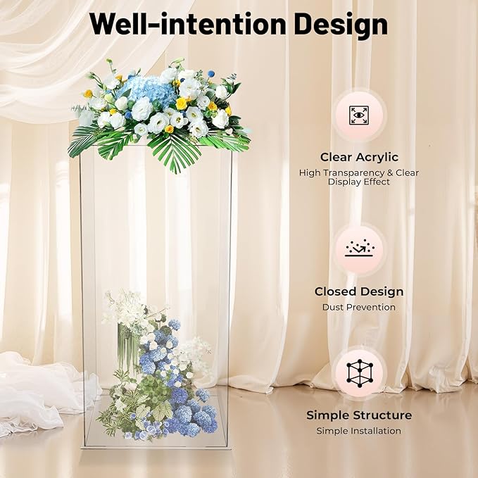 Acrylic Display Stand, 12 x 12 x 24 Inch Display Cube Pedestal, Clear Plastic Box for Centerpieces, Countertop Collectibles Case for Wedding Birthday Party Living Room Bedroom Study Decoration
