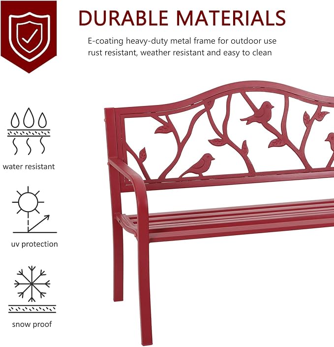MFSTUDIO 50" Outdoor Red Garden Bench, Steel Metal Frame Patio Park Bench with Bird Pattern Backrest for Porch Backyard Lawn
