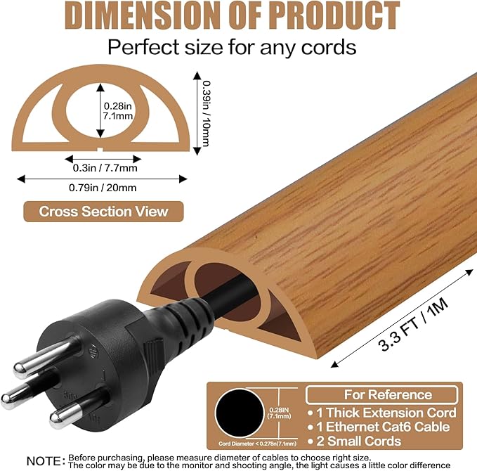 Floor Cord Cover Self Adhesive Cord Hider,3.3FT Cable Management, Extension Strip Protector for Wires, Prevent Cable Trips for Offices, Gyms, Exhibitions Cavity:0.3"(W) x 0.28"(H) Brown Wood