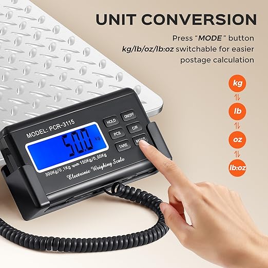 Bonvoisin Postal Scale Digital 300kg/660lb Parcel Shipping Scale with External LCD Display, Stainless Steel Platform, 4 AA Batteries & Mains Adapter Included, kg/oz/lb/lb-oz, Counting