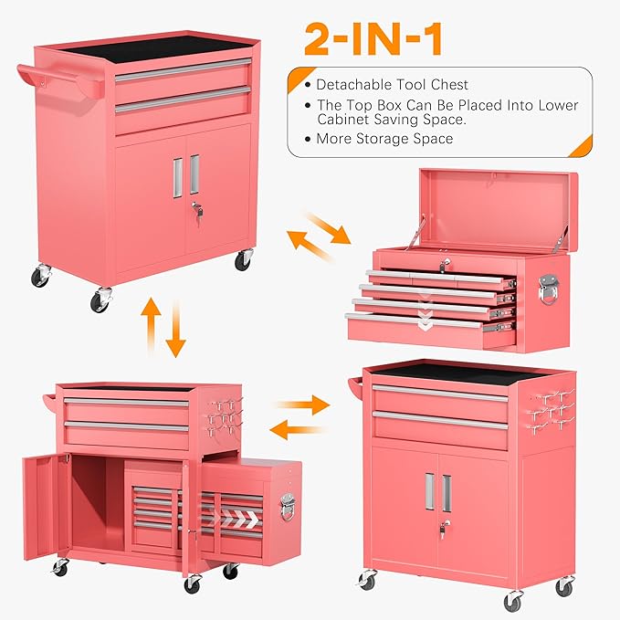 INTERGREAT Tool Chest, Assembled Tool Cabinet with 8 Drawers, Detachable Organized Tool Chests, Lockable Tool Cabinet for Workshop, Warehouse, Mechanics Garage (Pink)